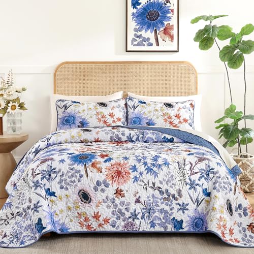 Yiran Blue Floral Quilt Set Queen Size, Spring Summer Sunflower Botanical Bedspread Bedding Set, 3 Pieces Soft Lightweight Microfiber Coverlet with 2 Pillow Shams for All Season 96x90 Inch
