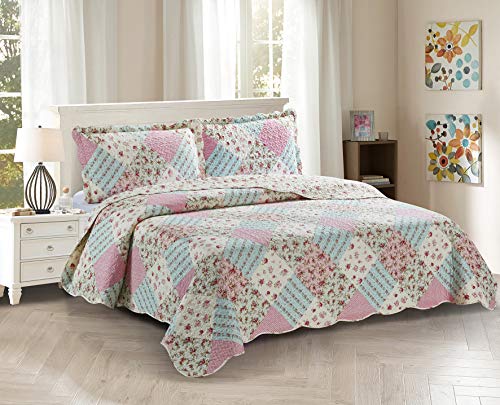 Brilliant Sunshine Pink and Green Rose Patchwork, 3-Piece Quilt Set with 2 Shams, Reversible Bedspread, Soft Lightweight Coverlet, All-Season, King, Pink Green