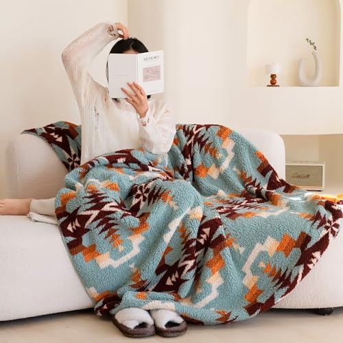 UKELER Bohemian Sherpa Throw Blanket 60'' ?? 80'', Sherpa Fleece Blankets for All Season, Southwestern Aztec Throw Blanket, Native American Blankets for Bed/Couch/Sofa/Office/Camping