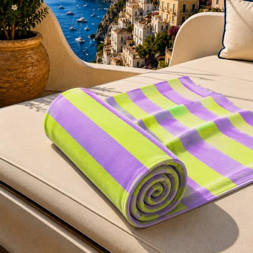 PETTI Artigiani Italiani - Microfibre Beach Towel, Beach or Pool Towel, Beach Towel, Large 90 x 180 cm, Light Green Lilac Stripes