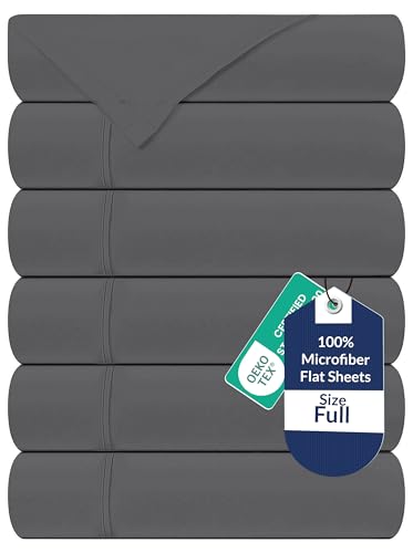 Royale Linens 6 Pack Bulk Flat Sheet Set - Top Sheets - Soft 1800 Microfiber - Wrinkle & Stain Resistant - for Hotel, Massage Table, Hospital, Dorm - Full Flat Sheet Sold Separately (Full, Grey)