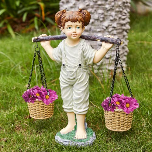 Large Flowers Girl Garden Statue In Stone, Flower & Succulent Planter, Pot Carrying Plants, Pots, Adorable Yard Decor - Indoor & Outdoor Ornament Cute Figurine Lawn, Patio, Home Decoration - 15??? x 15???