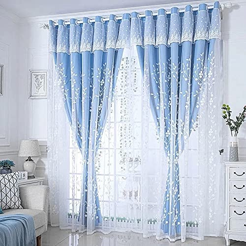 Amidoudou 1 Pair Double Layer Flower Curtains for Girls Room Living Room Pastoral Flowers and Leaf Embroidered Curtains for Bedroom (Blue,54x102 Inch)