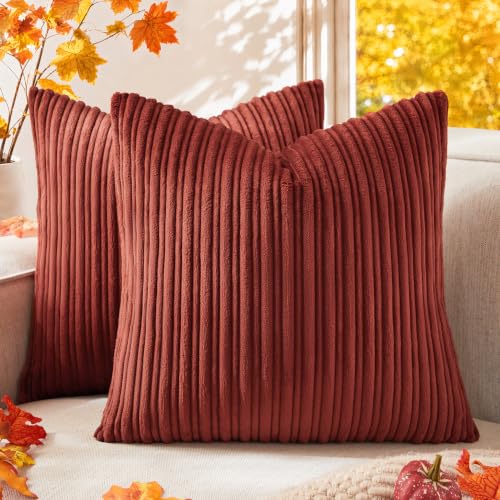 Kevin Textile Set of 2 Fall Pillow Covers Solid Supersoft Corduroy Handmade Decorative Velvet Throw Pillow Cushion Cover for Seasonal Autumn, Burnt Brick, 18x18 Inch(45cm)