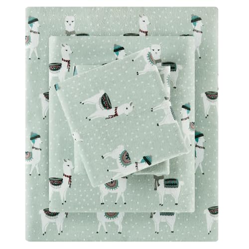 SLEEP PHILOSOPHY True North Cozy Flannel Warm 100% Cotton Sheet - Novelty Print Animals Stars Cute Ultra Soft Cold Weather Bedding Set, King, Seafoam Llama 4 Piece