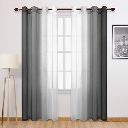 DWCN Black Ombre Sheer Curtains - Faux Linen Gradient Semi Voile Bedroom and Living Room Curtains, Set of 2 Grommet Top Window Curtain Panels, 52 x 84 Inches Long