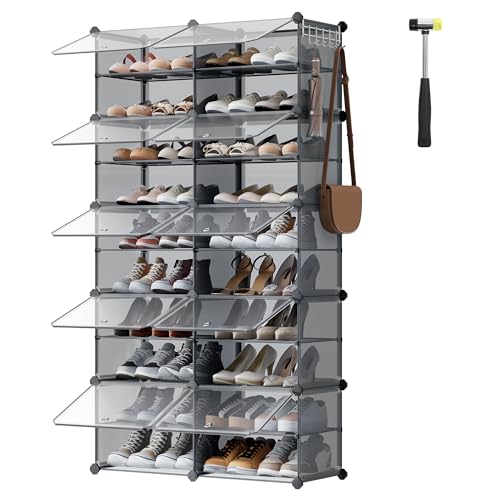 SONGMICS Interlocking Shoe Rack, Plastic Shoe Storage Cabinet, 10-Slot Modular Storage Organiser Unit, 30 x 40 x 30 cm for Each Slot, with Doors, Steel Frame, Plastic Panels, Slate Grey LPC035G01