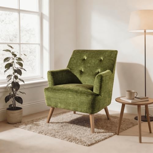 Home Source Armchair – Comfortable Modern Chair with Curved Arms, Foam Cushions & Solid Wooden Legs – Stylish Fabric Armchair for Living Room, Bedroom or Reading Corner (150kg Weight Capacity)
