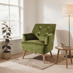 Home Source Armchair – Comfortable Modern Chair with Curved Arms, Foam Cushions & Solid Wooden Legs – Stylish Fabric Armchair for Living Room, Bedroom or Reading Corner (150kg Weight Capacity)