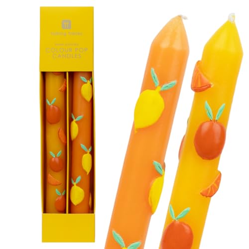 Talking Tables 2 x Hand Painted 3D Citrus Candles Lemons and Oranges - Colourful Dinner Tapered Candles Unscented Long Burn Summer Table Decor - Gift for Birthday or Mother's Day – 25cm