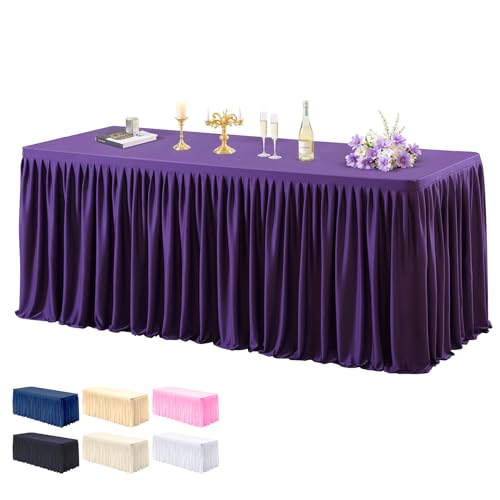 PARTISKY 1 Pack Purple Tablecloths for Rectangle Tables 6ft, Wrinkle Resistant Spandex Table Cover Fitted Stretch Table Cloth with Pleated Ruffle Skirts for Party Banquet Dining Birthday Wedding