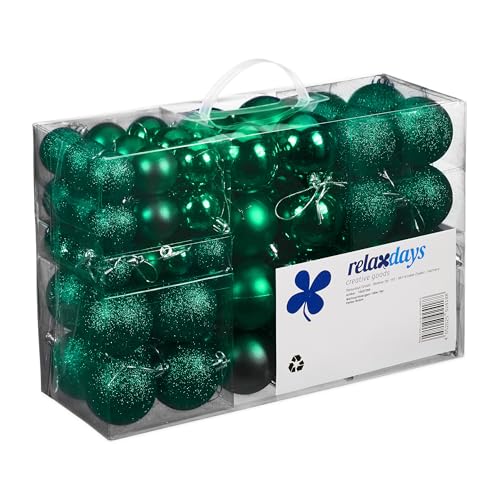 Relaxdays Christmas Baubles Set of 100, Festive Ornaments, Matt, Shiny, Glitter, Tree Balls ∅ 3, 4 & 6 cm, Dark Green