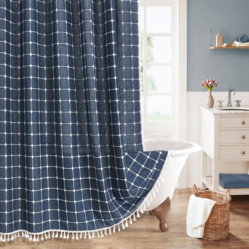 MitoVilla Navy Blue Boho Shower Curtains for Modern Farmhouse Bathroom Decor, Country Thick Polyester Linen Fabric Shower Curtain with Tassel, 72 x 72