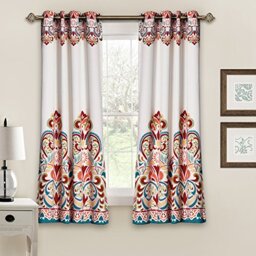 "Lush Decor Clara Curtains Paisley Damask Print Bohemian Style Light Filtering Window Panel Set for Living, Dining, Bedroom (Pair), 52"" W x 63"" L, Turquiose & Tangerine"