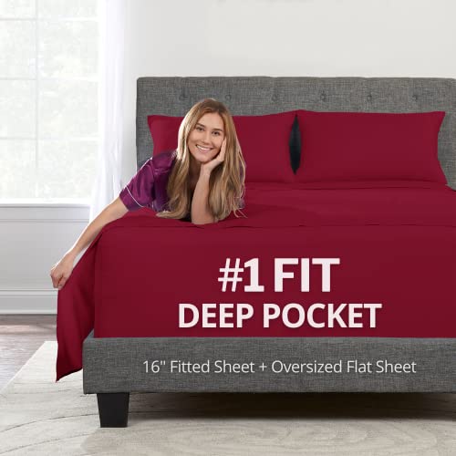 "King Size Sheet Set - Deep Pocket 16"" Fitted Sheet, Oversize Flat Sheet, 2 Zipper Closure Pillowcases - Red"