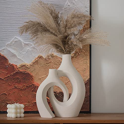 "Levvohd XL Beige Ceramic Vase Set of 2 for Modern Home Decor, Eclectic Entryway Modern Boho Hollow Flower Vases for Living Room Bookshelf Dining Coffee Table Centerpiece (W 6.8"" X H 11"")"