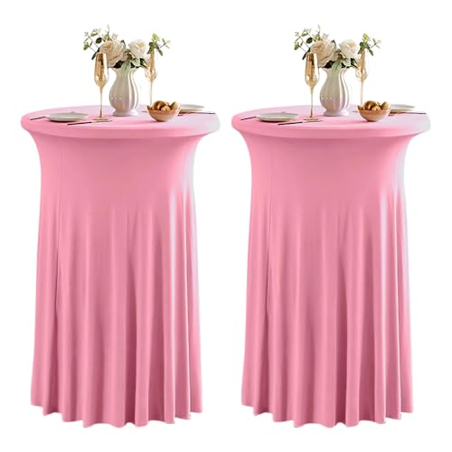 Dimatic 2 Pack Pink High Top Cocktail Tablecloth Stretch Cocktail Table Cloth with Skirt Fitted 32 inch Round Spandex Table Cloths for Party Wedding Banquet Birthday