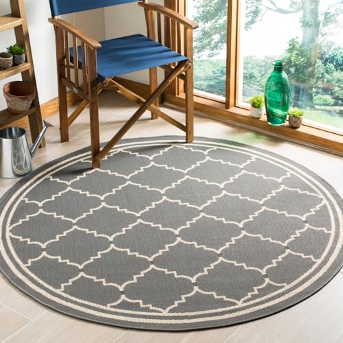 Safavieh Trellis Indoor/Outdoor Woven Round Area Rug, Courtyard Collection, CY6889, in Grey / Beige, 160 X 160 cm for Garden, Patio or Any Outdoor Space