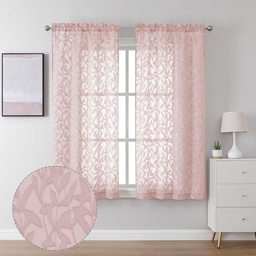 Lecloud Leia Clip Leaf Pink Sheer Curtains 63 Inch Length 2 Panels, Dual Rod Pockets Light Filtering Voile Blush Curtain for Living Room Bedroom, Farmhouse Jacquard Textured Short Drapes, 38W x 63L