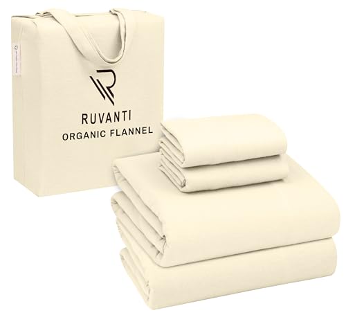 Ruvanti Organic Flannel Sheets Full Size - 100% Cotton Double Brushed Bed Sheet Set - Deep Pocket 16 Inches - All Seasons Breathable, Extra Soft, Warm & Cozy - 4 Pieces - Winter White