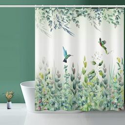 Niidder Green Leaf Shower Curtain, Emerald Bird Mint Green 72 “W x 72” L with 12 Hooks, Weighted Hem Bathroom Shower Curtain, Hummingbird Shower Curtains Water Resistant