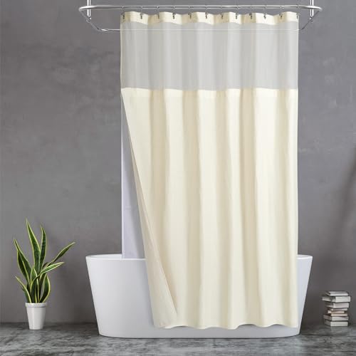 "N&Y HOME Extra Long Cream Waffle Weave Shower Curtain with Snap-in Fabric Liner & Hooks Set - 71"" x 84"", Hotel Style & Mesh Top Window, Machine Washable - 71x84 Inches, Cream"