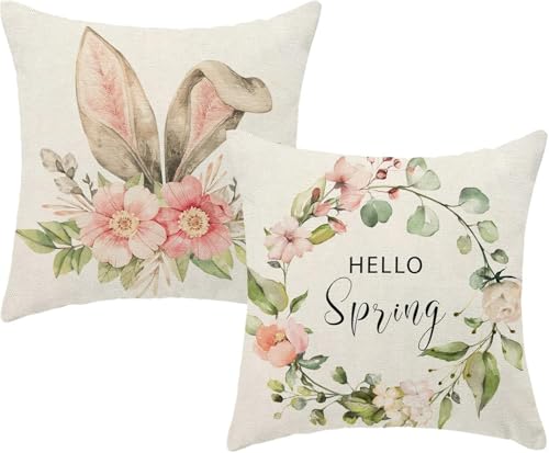 Hello Spring Wreath Pillow Covers 24x24, Easter Bunny Outdoor Decorative Throw Pillows for Couch, Rabbit Floral Decor Cushion Cover 2 Pcs Soft Farmhouse Square Linen Pillowcase for Bed Car Safa