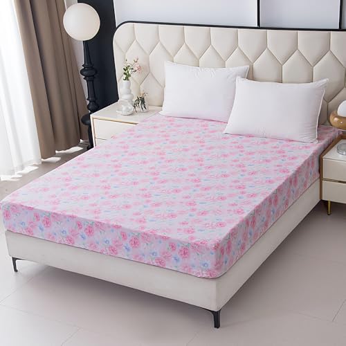 NATURETY Bedding Fitted Sheet with Deep Pocket,Pink Floral Printed Fabric Bed Sheets(Pink Flower,Queen)