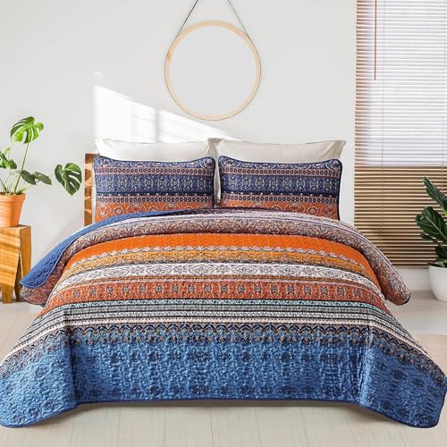 "WONGS BEDDING Boho Quilt Set California King, Blue and Orange Bohemian Queen Summer Quilt Bedding Set, Lightweight Microfiber Bed Decor Bedspread for All Season 106""x96""(3 Pieces)"
