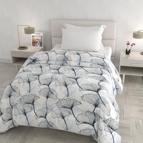 Italian Bed Linen Infinity Winter Quilt, Non-Iron, Made in Italy - Winter Quilt Single Bed, 170 x 260 cm, 100% Printed Microfibre, Filling 300 g, Winter Duvet, Ginko White