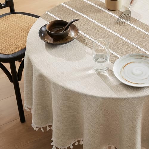ZeeMart Contrast Linen Round Table Cloth 52 Inch Brown - Heavy Weight Linen Textured Tablecloth, Handsewn Tassels, Modern Farmhosue Table Decor, Water Resistant Burlap Table Cover