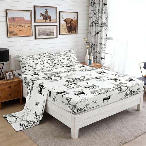 Western Sheet Set Full Size Sketch Cowboy Cow and Horse Bedding Set 4Pcs Farm Animal Bed Sheet for Kids Boys Girls Adult Room Decor Black White Rustic Farmhouse Fitted + Flat Sheet,2 Pillowcase