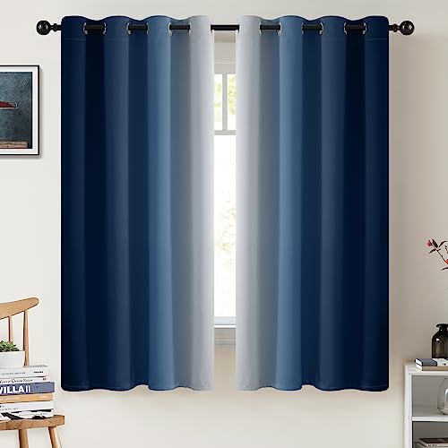 COSVIYA Grommet Ombre Room Darkening Curtains 63 inch Length, Blue and Greyish White Gradient Drapes Light Blocking Insulated Thermal Window Curtains for Bedroom/Living Room,2 Panels,52x63 inches