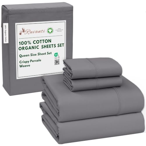 Queen Sheet Set, 100% Organic Cotton Bed Sheets RUVANTI - Breathable, Soft & Cooling Percale Grey, Deep Pocket 15'', 4 Pcs, Silver Filigree