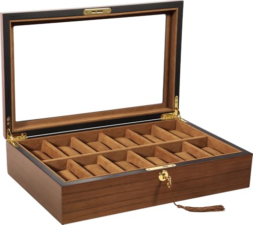 Uten Watch Box 12 Slots, Solid Wood Watch Case, Watch Display Storage Box with Golden Lock and Key, Removable Watch Cushions, Imitation Suede Lining, Gift Idea for Men and Women