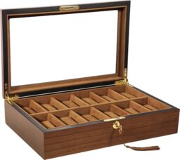 Uten Watch Box 12 Slots, Solid Wood Watch Case, Watch Display Storage Box with Golden Lock and Key, Removable Watch Cushions, Imitation Suede Lining, Gift Idea for Men and Women