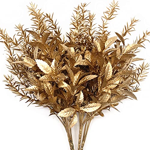 CATTREE Artificial Gold Plants for Christmas, Golden Leaves Plant Plastic Faux Shrubs Fake Simulation Spiky Grass Bushes for Indoor Outdoor Wedding Decoration Hall Table Planter Filler 4 Pack
