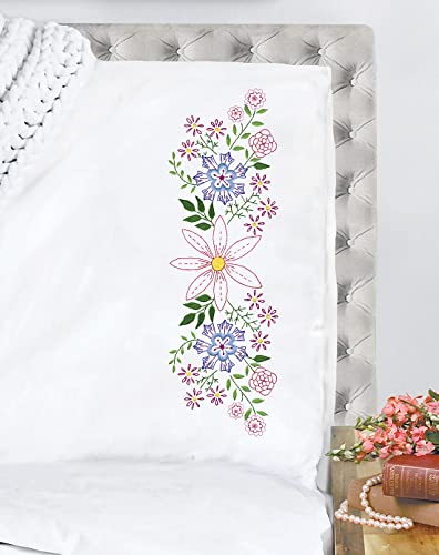Tobin Stamped for Embroidery Pillowcases, Cotton Polyester, Star Flowers, Standard