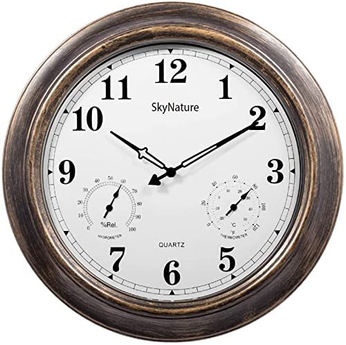 SkyNature Large Outdoor Clocks with Thermometer and Hygrometer - 18 Inch Silent Battery Operated Metal Clock, Decorative Garden Clock for Patio,Pool and Home - Bronze