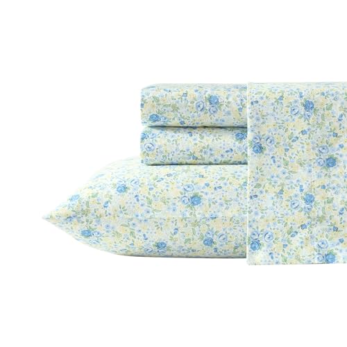 Laura Ashley ??? King Sheet Set, Ultra-Soft Bed Sheets with a Naturally Silky Smooth Cotton Sateen, Deep Pockets, Floral Bedding with Matching Fitted Sheet & Pillowcases (Rownea Blue)
