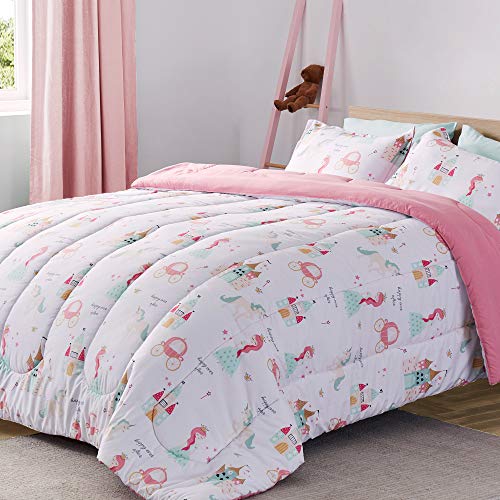 SLEEP ZONE Kid's Comforter and Pillow Sham Set Easy-Wash Ultra Soft Brushed Microfiber Fade Resistant 3 Piece, Princess Castle, Full/Queen