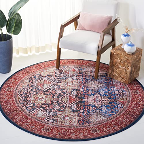 Safavieh Traditional Rug Ideal for High Traffic Areas - Machine Washable and Non Slip - Tucson Collection, Short Pile, in Navy and Rust, 183 X 183 cm
