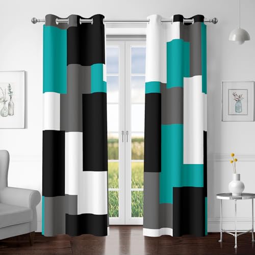 Tyrot Teal/Turquoise 100% Blackout Curtains for Bedroom 63 inch Length 2 Panels Set White Grey Modern Abstract Geometric Black Out Curtains Room Darkening Window Drapes for Living Room, 42Wx63L