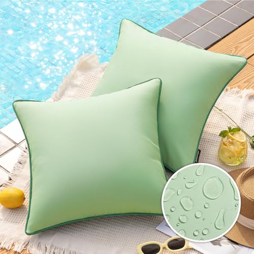 Phantoscope Pack of 2 Outdoor Waterproof Throw Pillow Covers with Contrast Piping, Decorative Square Cushion Case Patio Pillows for Couch Tent Sunbrella, Sage Green 20x20 inches