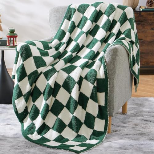 "WRENSONGE Checkered Throw Blanket, Avocado Green Microfiber Soft Cozy Fluffy Warm Hand Made Throw Blankets for Couch, Sofa, Chair, Bed, Camping, Picnic, Travel Lightweight Bed Blanket - 50""*70"""