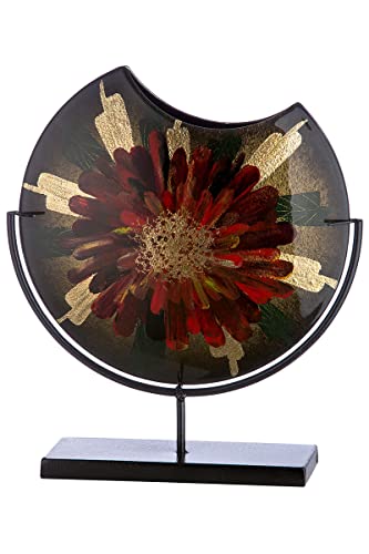 Glass Art Round Vase Decorative Vase on Metal Base – Decorative Living Room – Gift for Women Birthday – Hand-Painted Colour: Green Red Gold – Height 37 cm