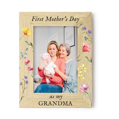 First Mother’s Day as My Grandma Photo Frame 4x6, Engraved Nana Nanny Granny Gift, Floral Wooden 1st Mothers Day Grandma Keepsake from Grandchild (Landscape)