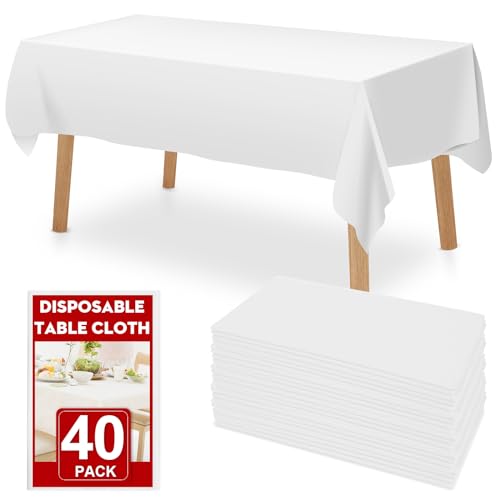 RowinsyDD 40 Pack White Plastic Table Cloths Disposable???54 x 108 Inches Plastic Table Cover for Rectangle Tables???Disposable Tablecloth for Dinning???Parties???BBQ???Wedding???Outdoor