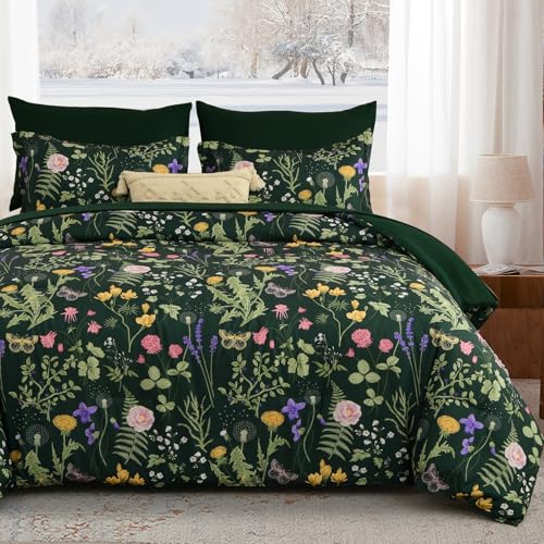 Yiran Floral Twin Comforter Set with Sheets, 6 Piece Bed in a Bag with Botanical Flowers Patterns, Dark Green Bedding Set, Soft Microfiber Complete Bedding Set with Sheets for All Season