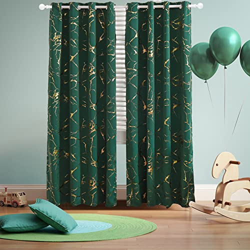 "Holawakaka Dark Green Gold Foil Printed Marble Grommet Blackout Curtain Blackish Green Golden Metallic Glitter Drapery for Living Room Bedroom Guestroom Home Decor, 42""x63"""
